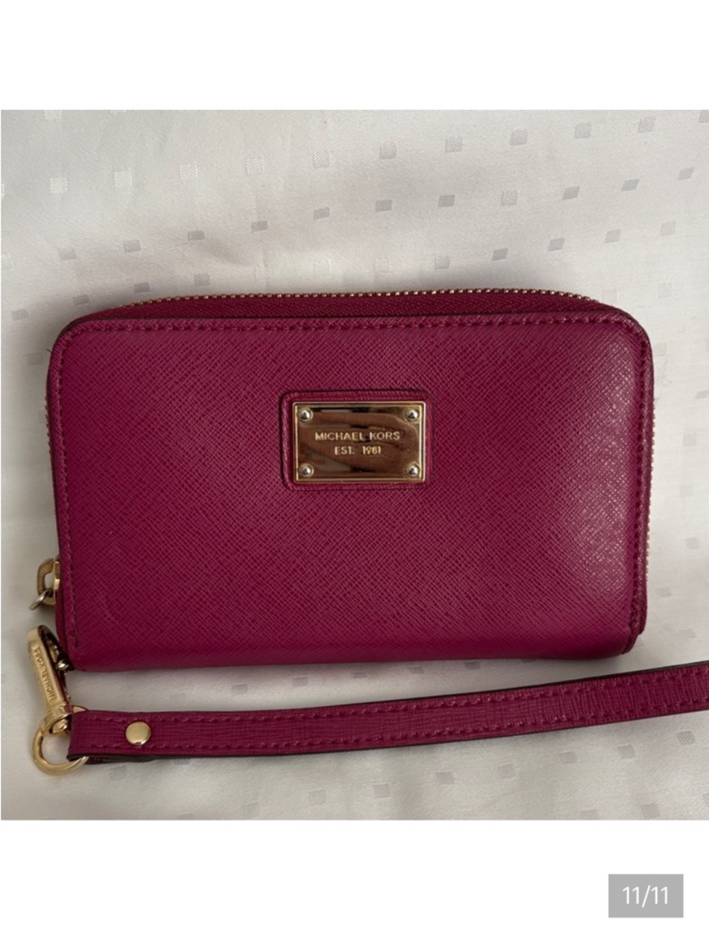 Michael Kors Magenta Saffiano Zip Wristlet with Gold Hardware